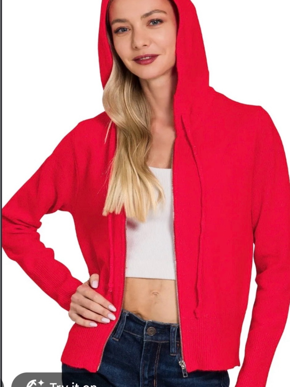 Zenana Outfitters Bright Red Zip-Up Hooded Sweater